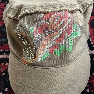 Embroidered Tan Cap with Floral Design